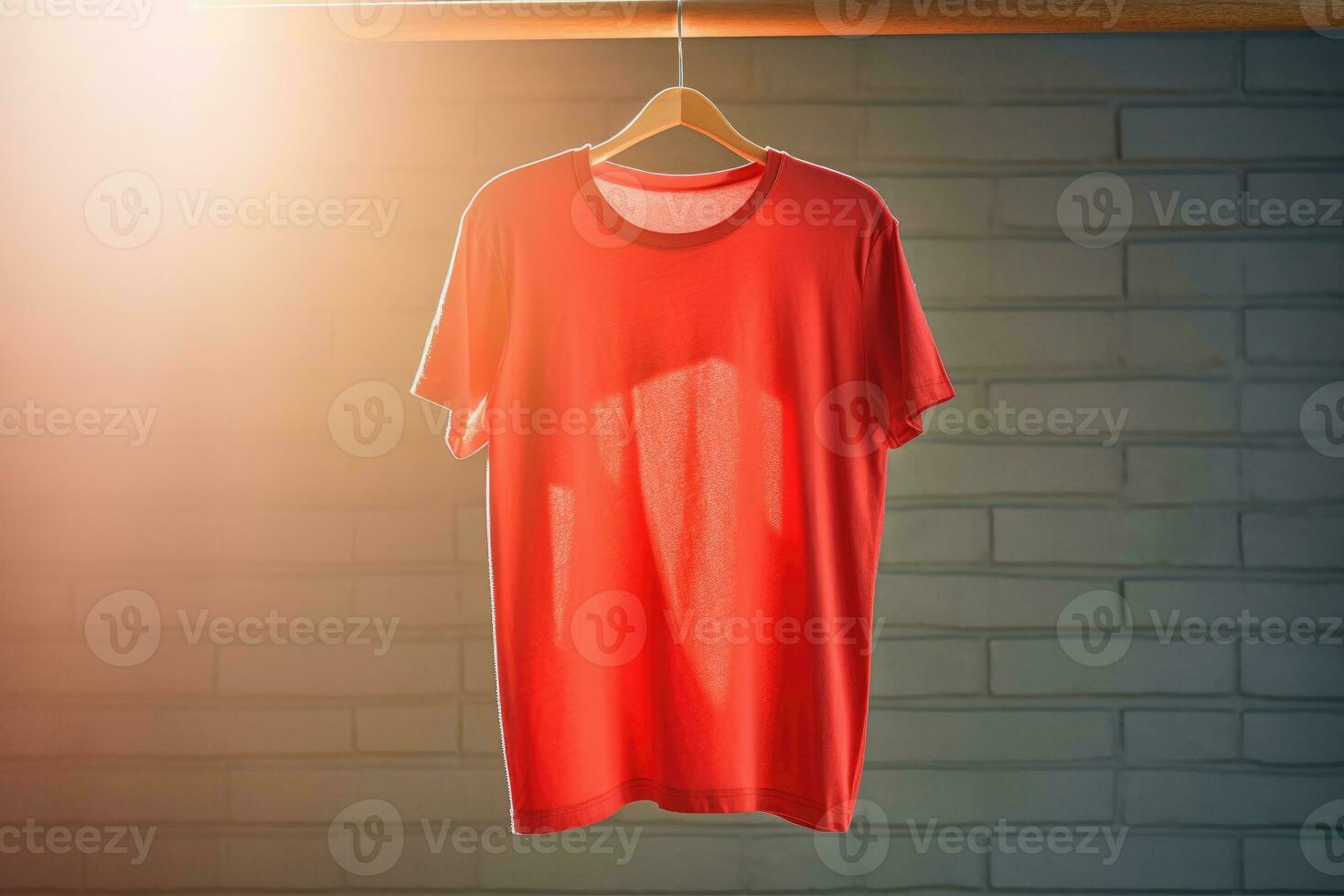 A red T-shirt is hanging on a hanger in the room near the window. AI generated photo