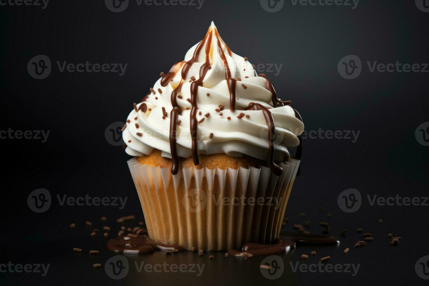 Vanilla cupcakes with buttercream and chocolate syrup, cane sugar. AI generated photo