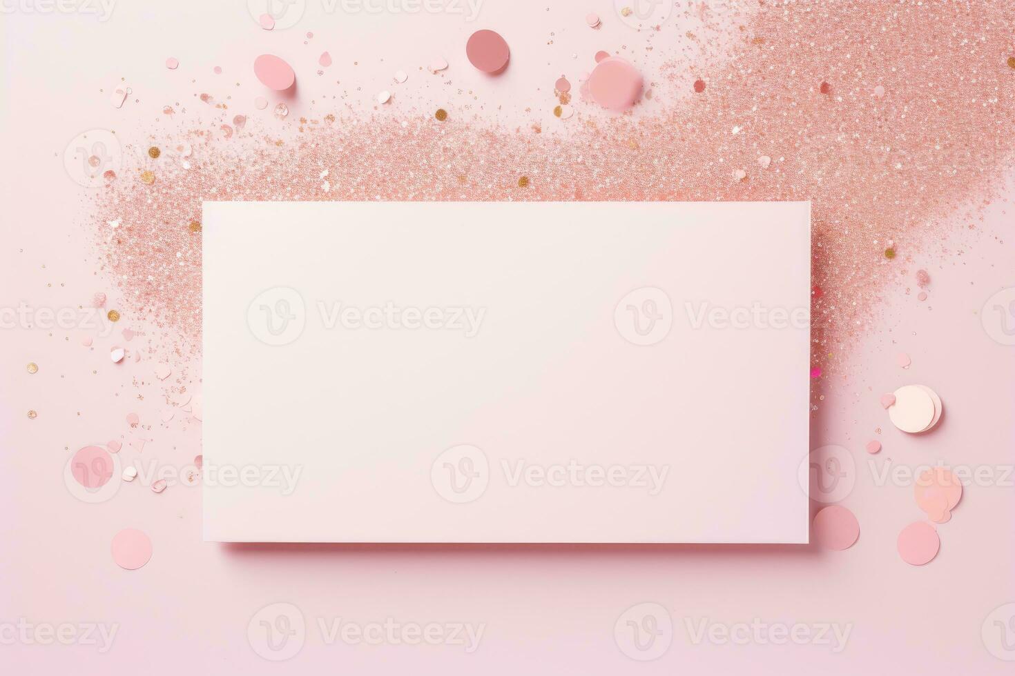 A mock-up of a pink postcard stands on a pink table with sequins and rhinestones. AI generated photo