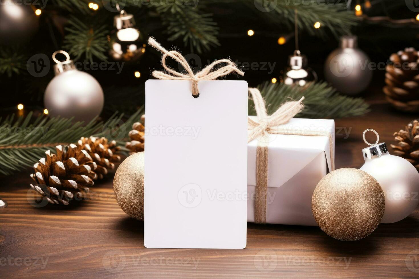 Layout of a white card postcard with a gift box near the Christmas tree with a garland. AI Generated photo