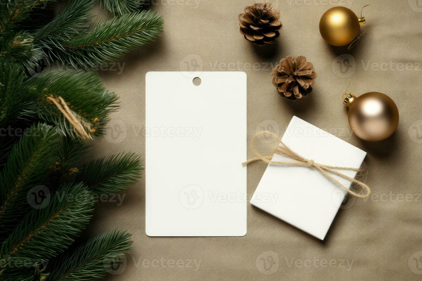 Mock-up of a white tag card with Christmas tree toys and cones. AI Generated photo