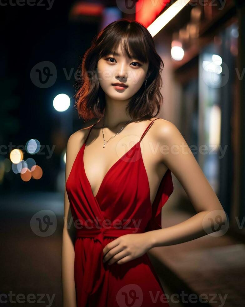 Beautiful asian girl wearing glamour silk dress AI Generative photo