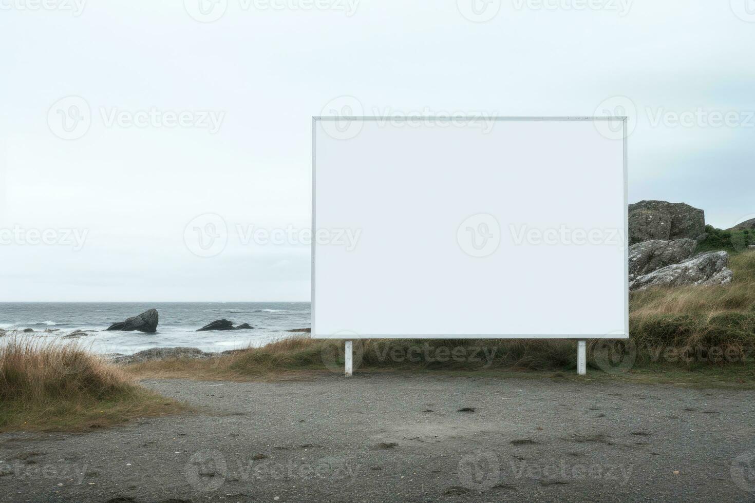 un grande calle cartelera para publicidad en contra el antecedentes de el mar y rocas ai generado foto