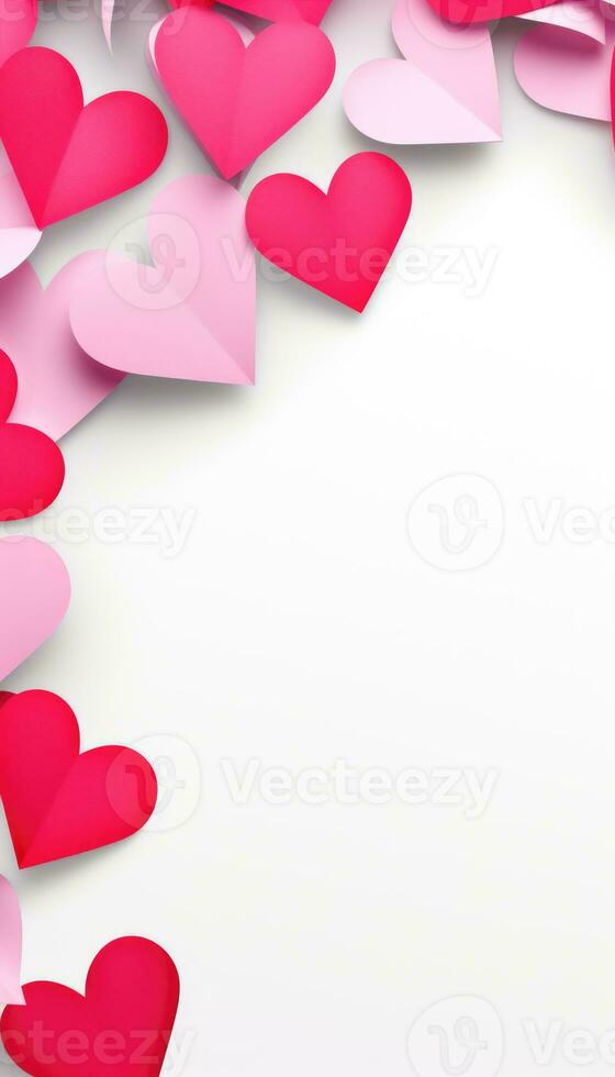 A place for a Valentine's Day text with cut out paper hearts on a white background 3D rendering. AI generated photo
