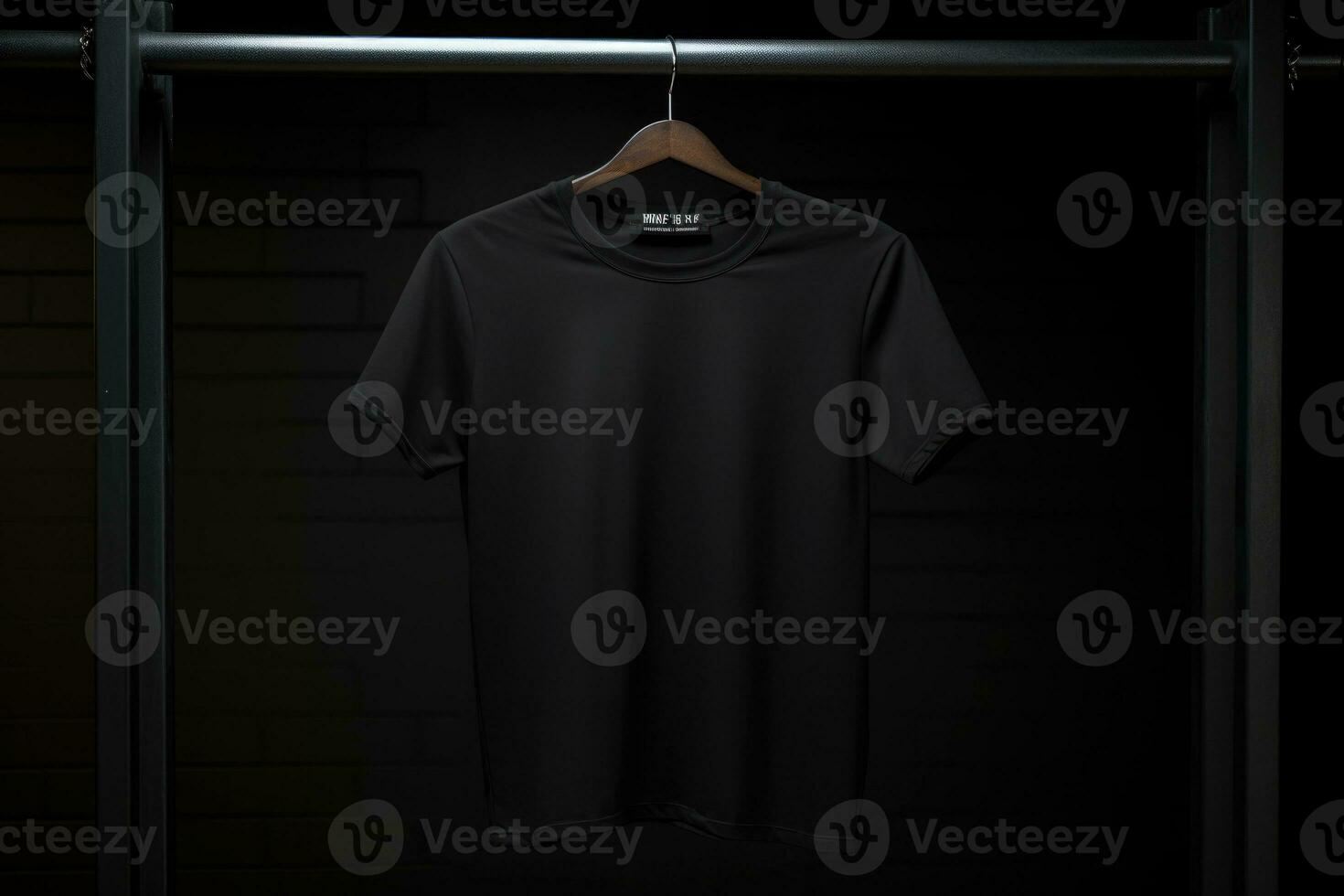 A mock-up of a black T-shirt is hanging on a hanger. AI Generated photo