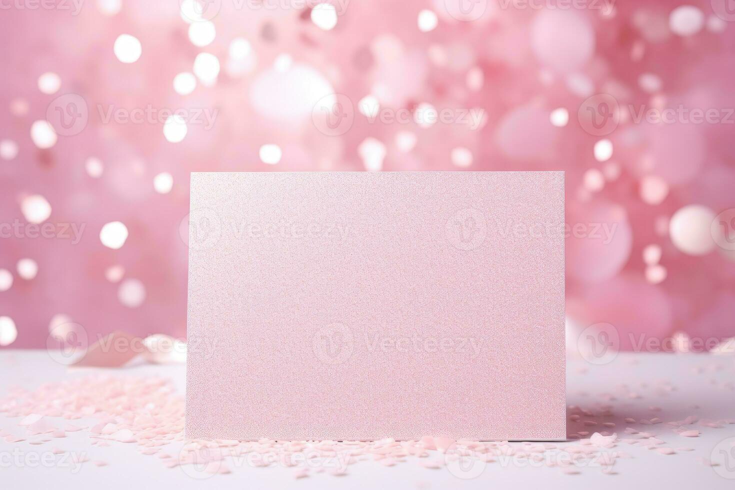 A mock-up of a pink postcard stands on a pink table with sequins and rhinestones. AI generated photo