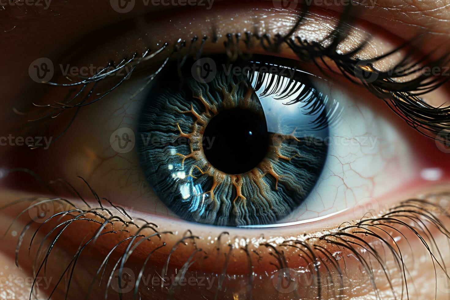 Large portrait of a female human eye with colored contact lenses and makeup. AI generated photo