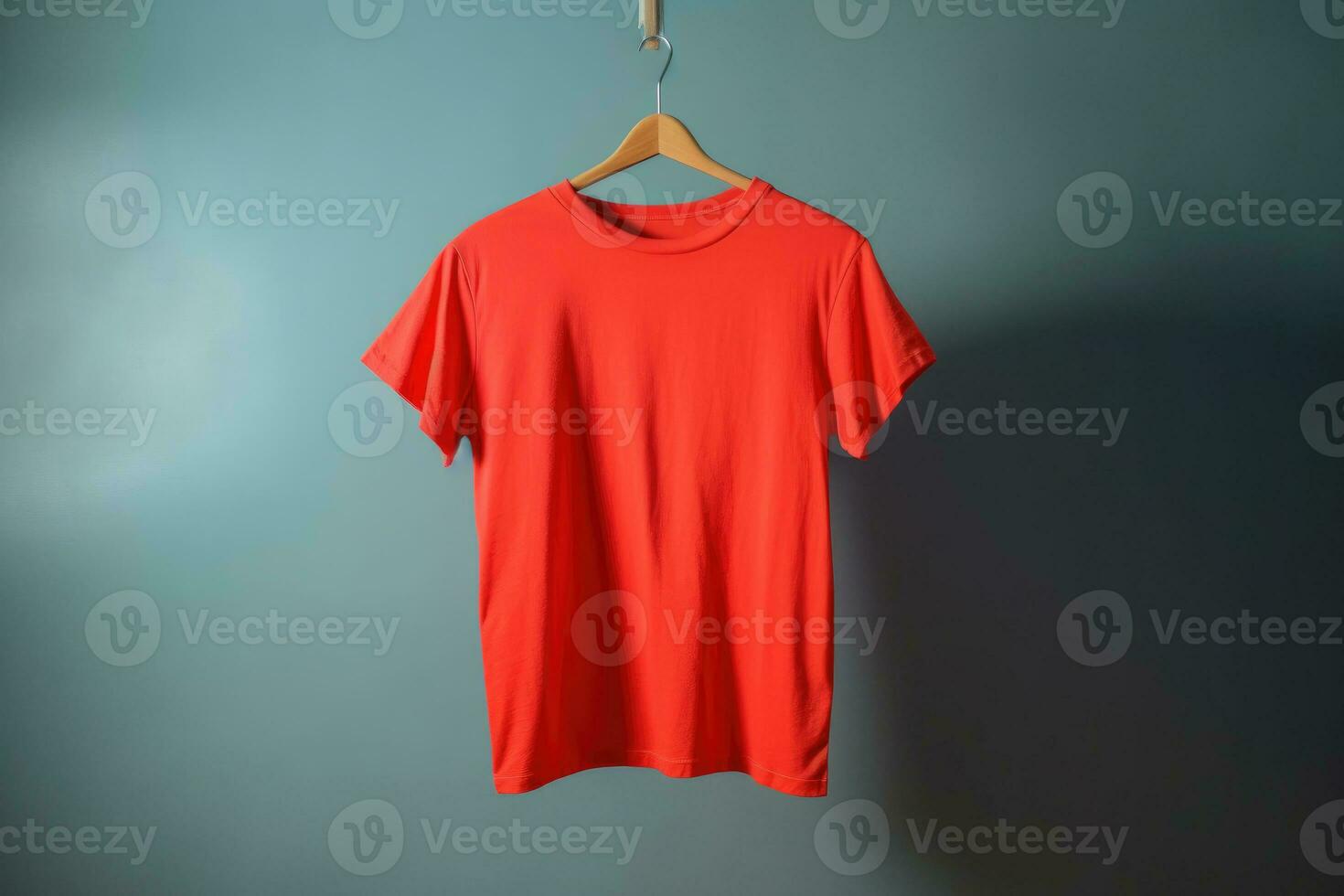 A red T-shirt is hanging on a hanger. AI generated photo