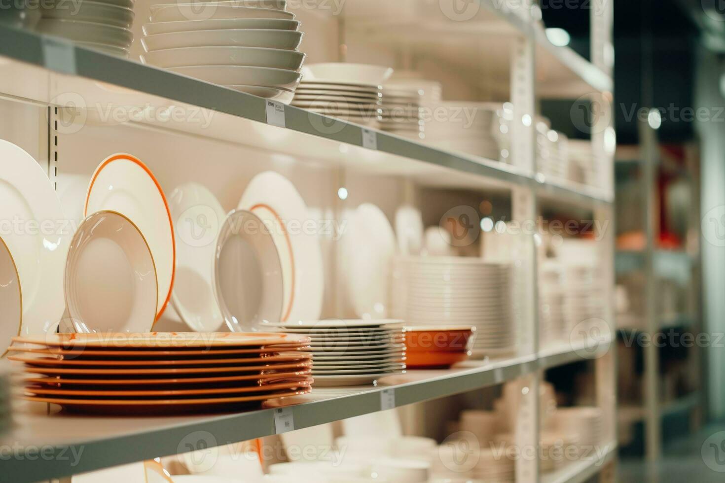 A set of white plates on the store counter. AI-Generated photo