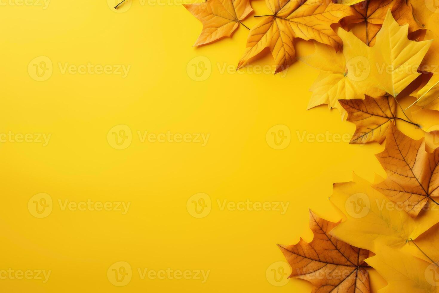 Autumn leaves on a yellow table top view. AI Generated photo