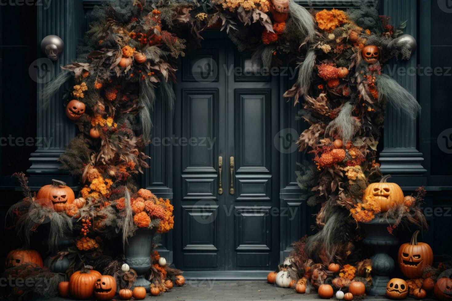 Front door decor with autumn flowers and pumpkins. AI-Generated photo