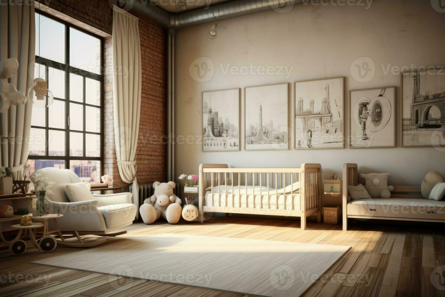 The interior of a children's bedroom with cots and soft toys. AI Generated photo