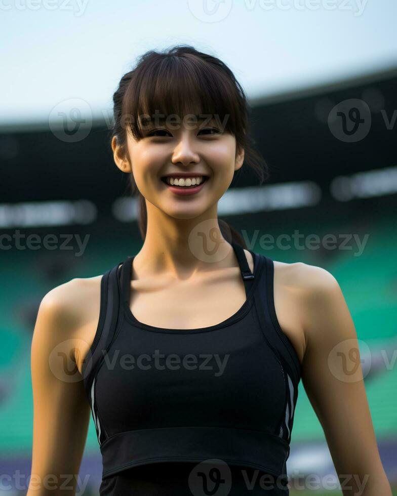 Beautiful smiling asian girl athlete in sports arena AI Generative photo