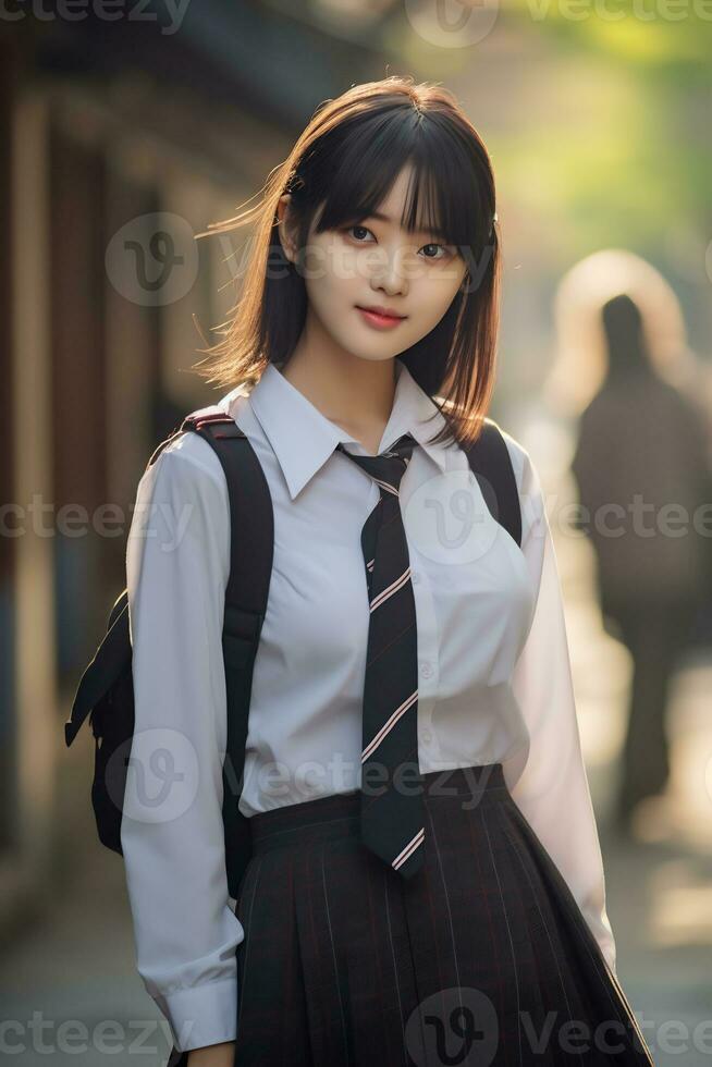 hermosa asiático colegio niña con delicado cara ai generativo foto