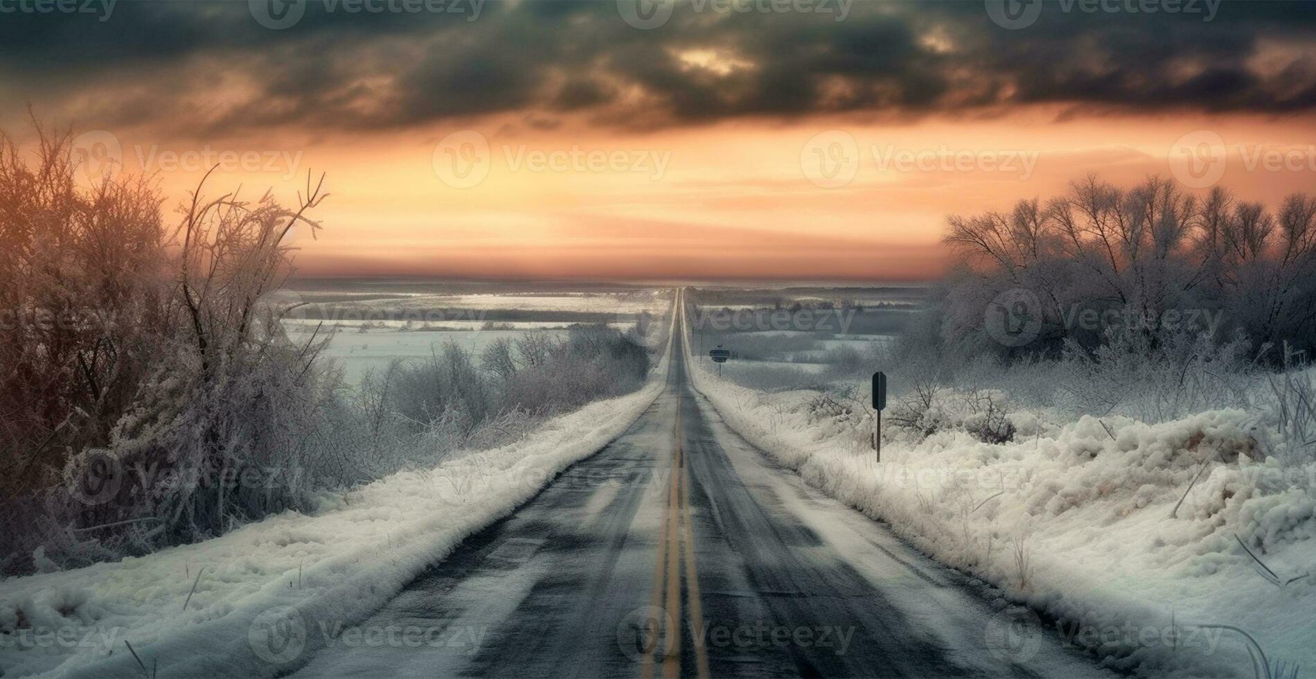Road in the winter mountains in the background, snowy forest - AI generated image photo