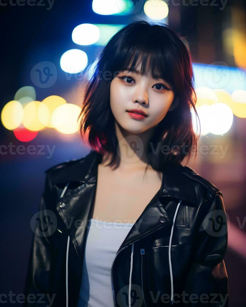 hermosa asiático niña en de moda atuendo ai generativo foto