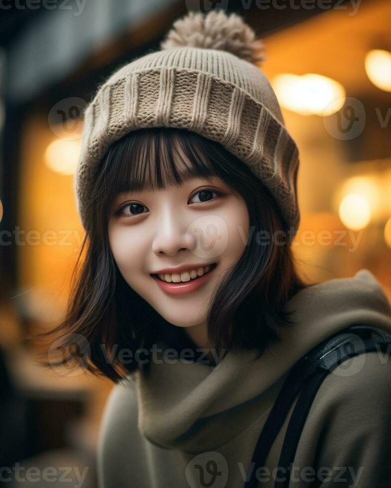 A cheerful korean girl wearing hoodie and knit hat AI Generative photo