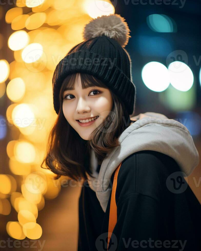 A cheerful korean girl wearing hoodie and knit hat AI Generative photo