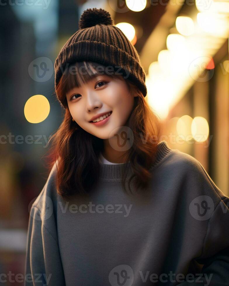 A cheerful korean girl wearing hoodie and knit hat AI Generative photo
