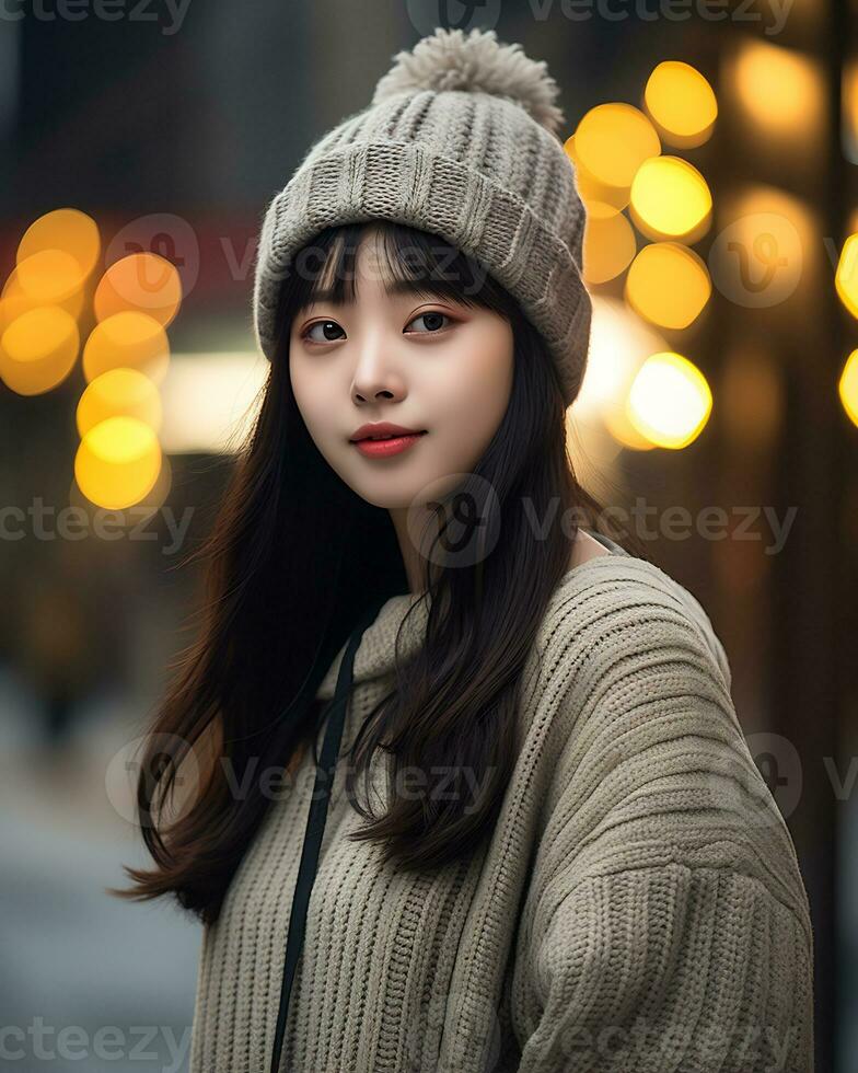 A cheerful korean girl wearing hoodie and knit hat AI Generative photo