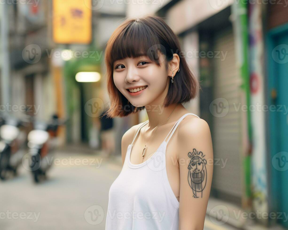 Cheerful korean girl with tattoo Smiling to camera AI Generative photo