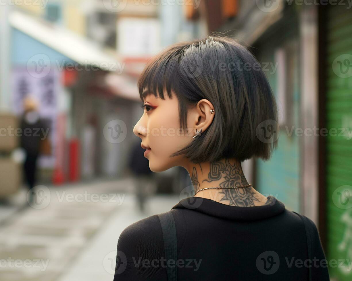 Cheerful korean girl with tattoo Smiling to camera AI Generative photo