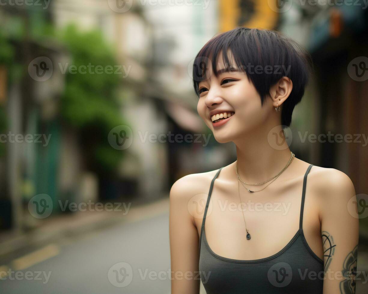 Cheerful korean girl with tattoo Smiling to camera AI Generative photo