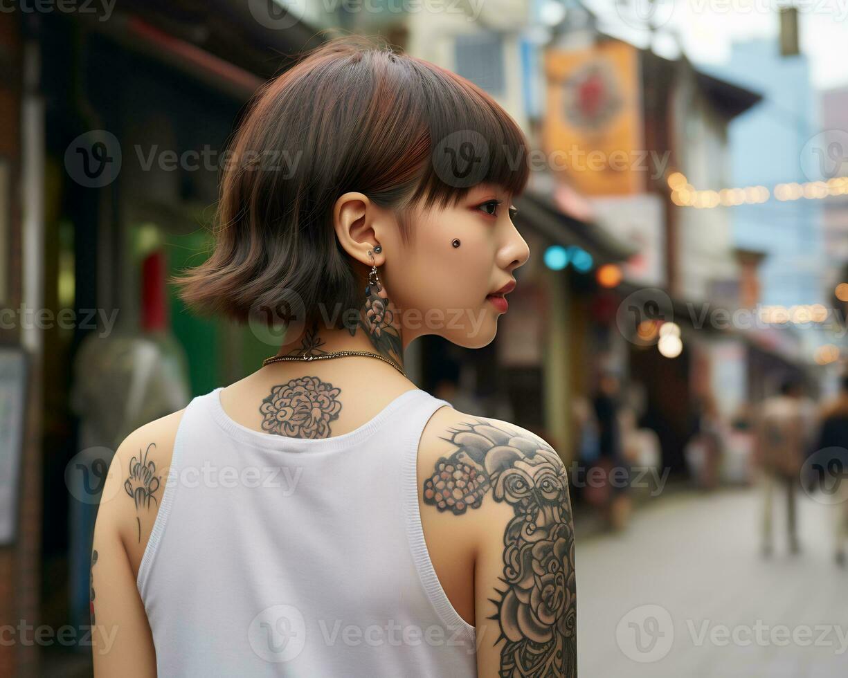 Cheerful korean girl with tattoo Smiling to camera AI Generative photo