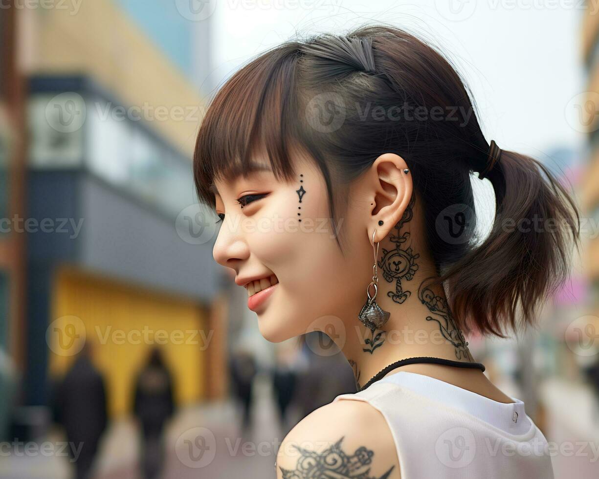 Cheerful korean girl with tattoo Smiling to camera AI Generative photo
