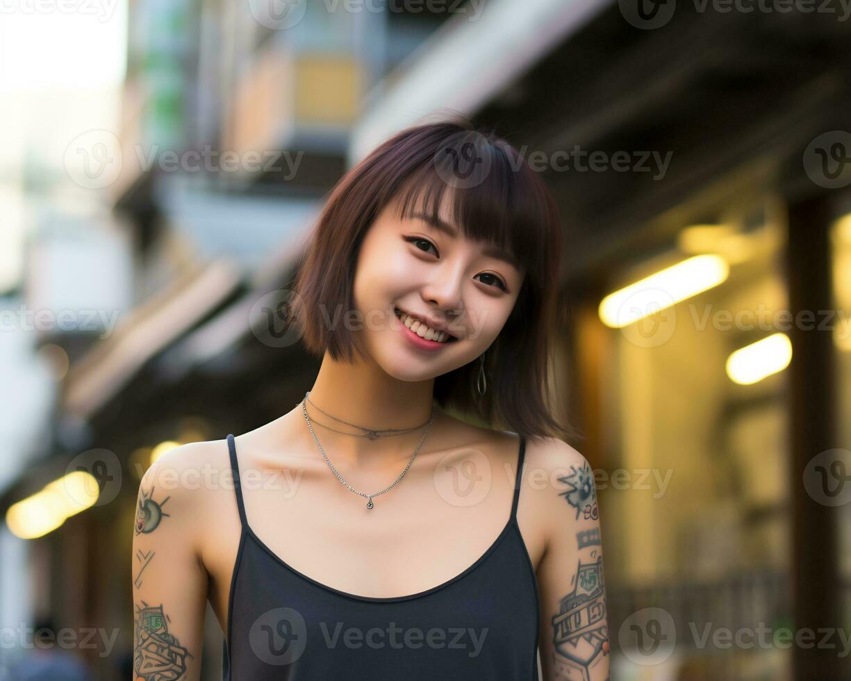Cheerful korean girl with tattoo Smiling to camera AI Generative photo