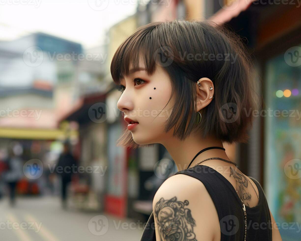 Cheerful korean girl with tattoo Smiling to camera AI Generative photo