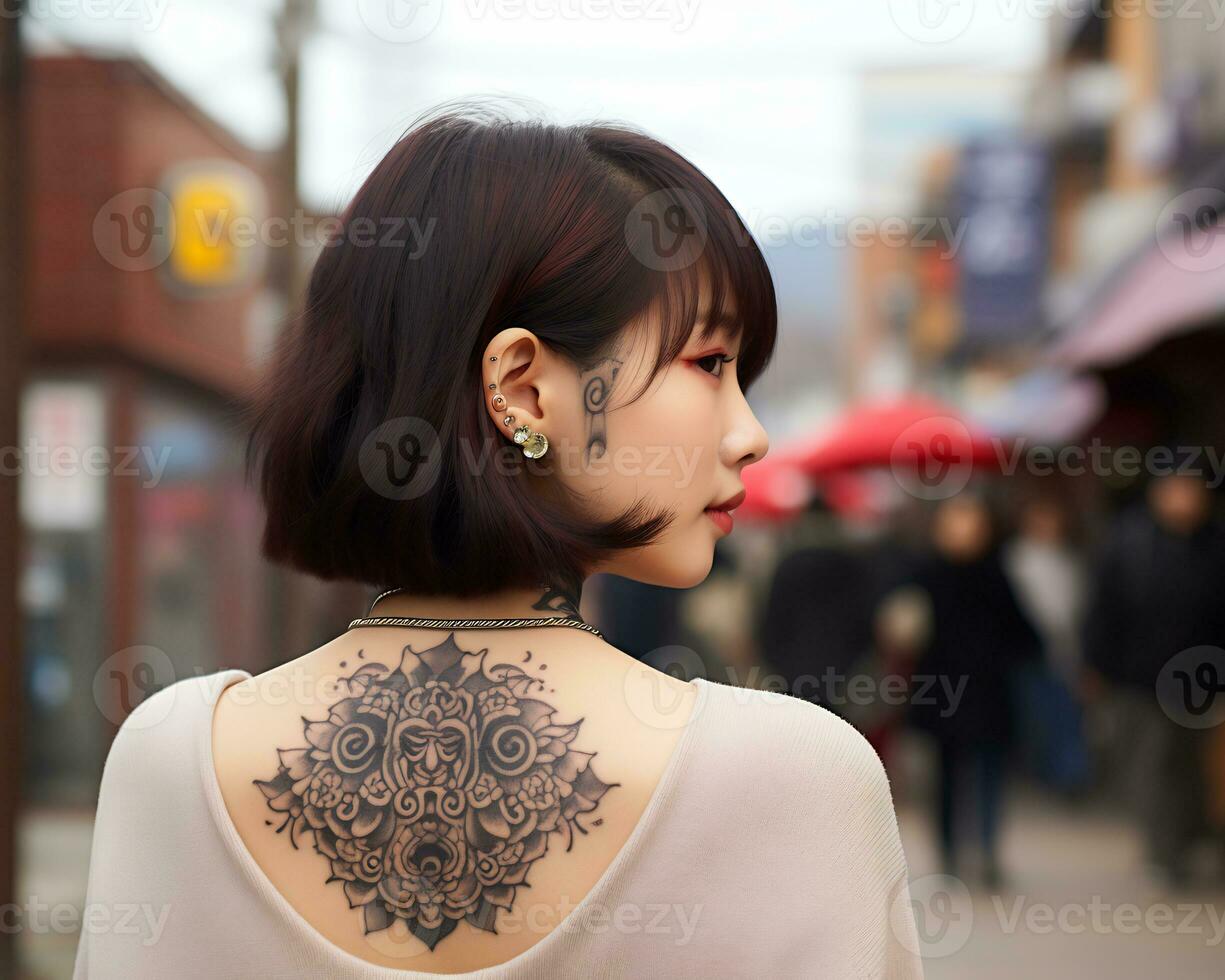 Cheerful korean girl with tattoo Smiling to camera AI Generative photo