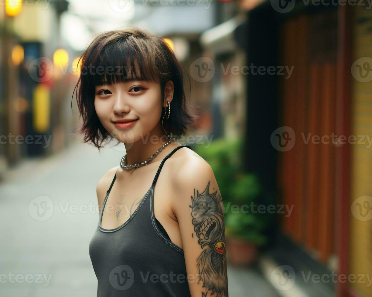 Cheerful korean girl with tattoo Smiling to camera AI Generative photo