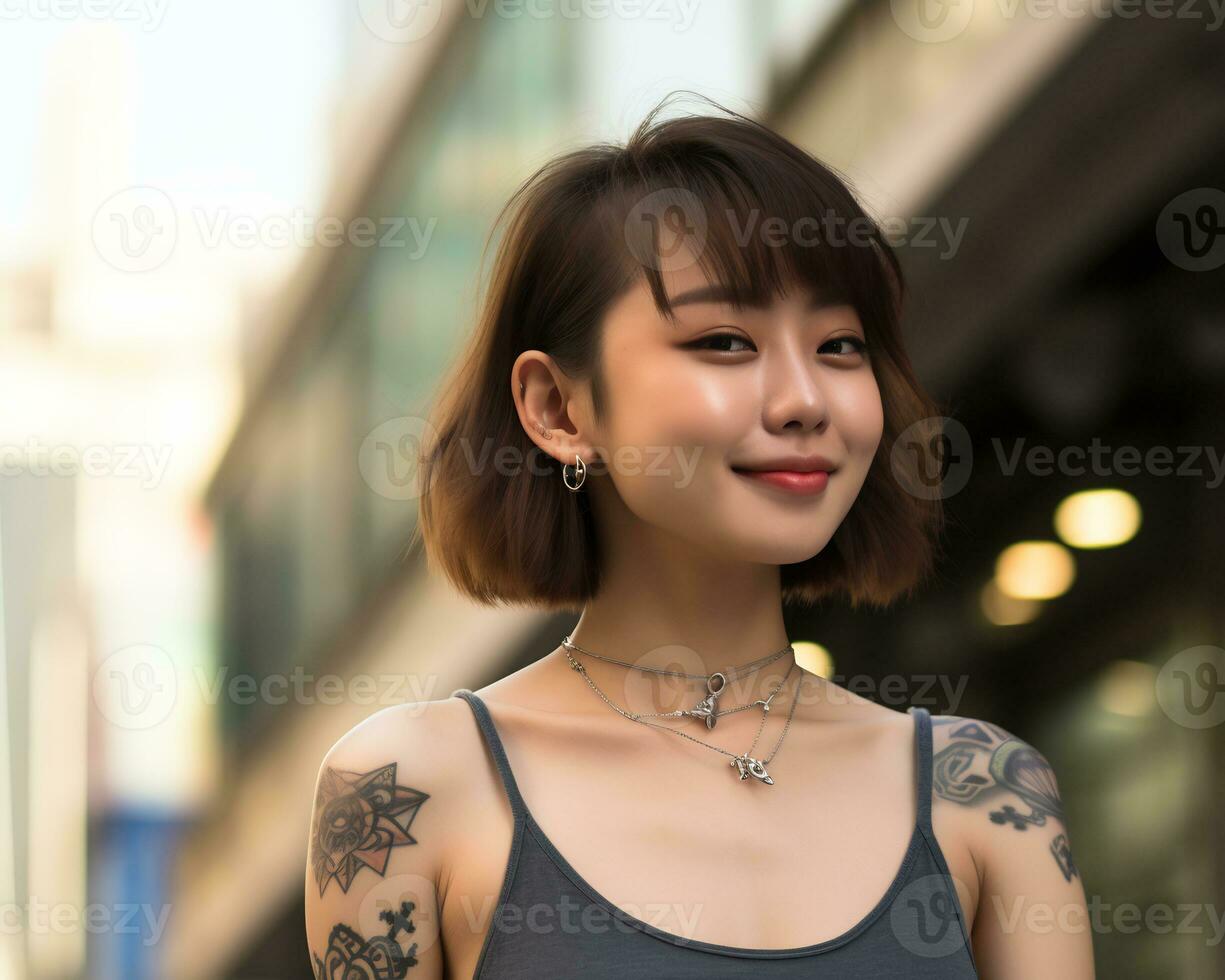 Cheerful korean girl with tattoo Smiling to camera AI Generative photo