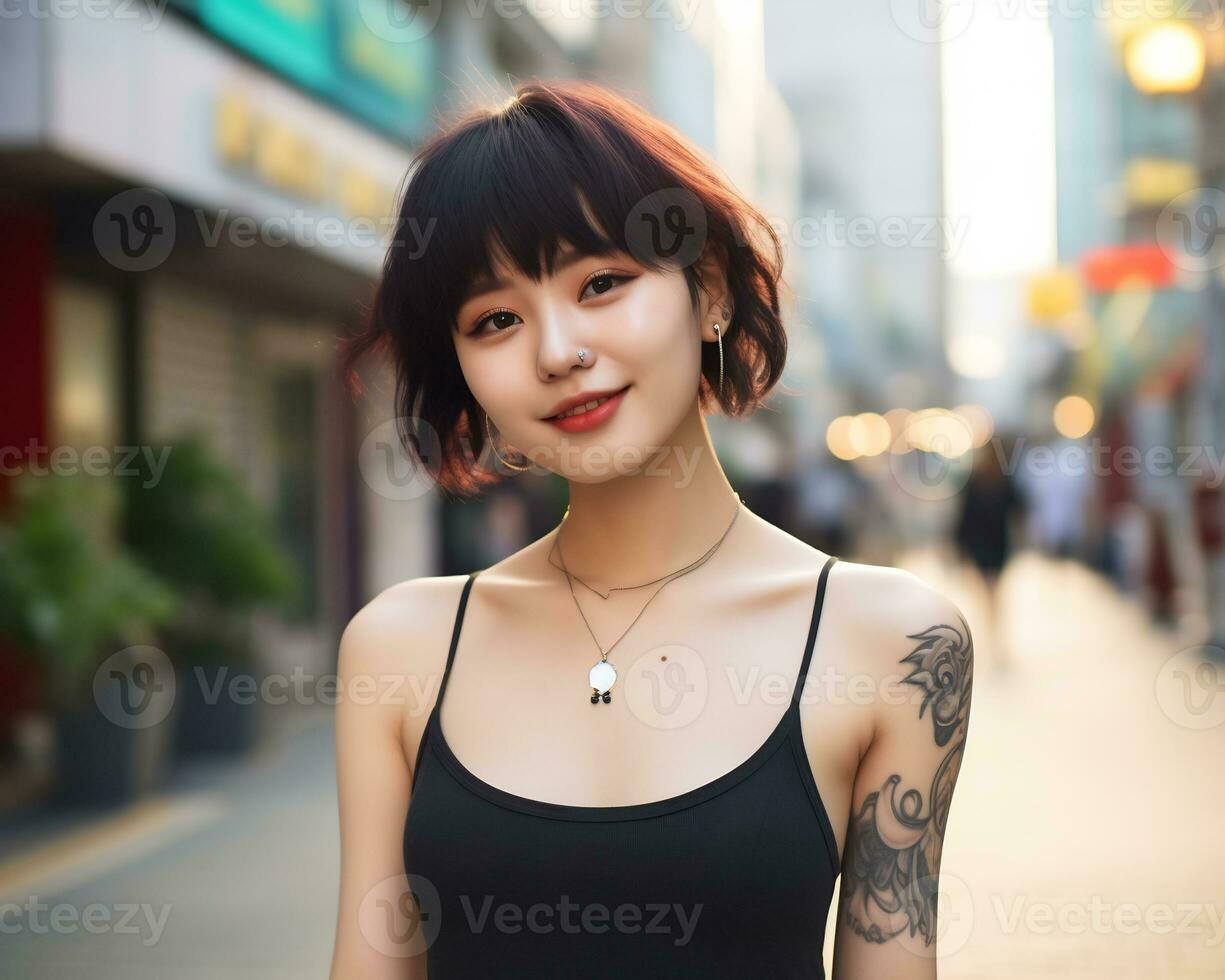 Cheerful korean girl with tattoo Smiling to camera AI Generative photo