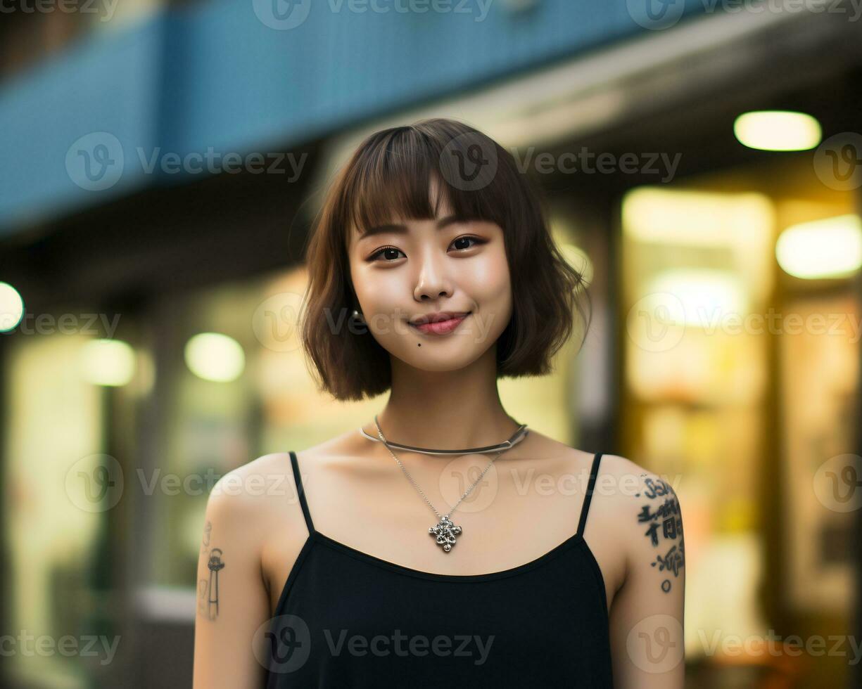 Cheerful korean girl with tattoo Smiling to camera AI Generative photo