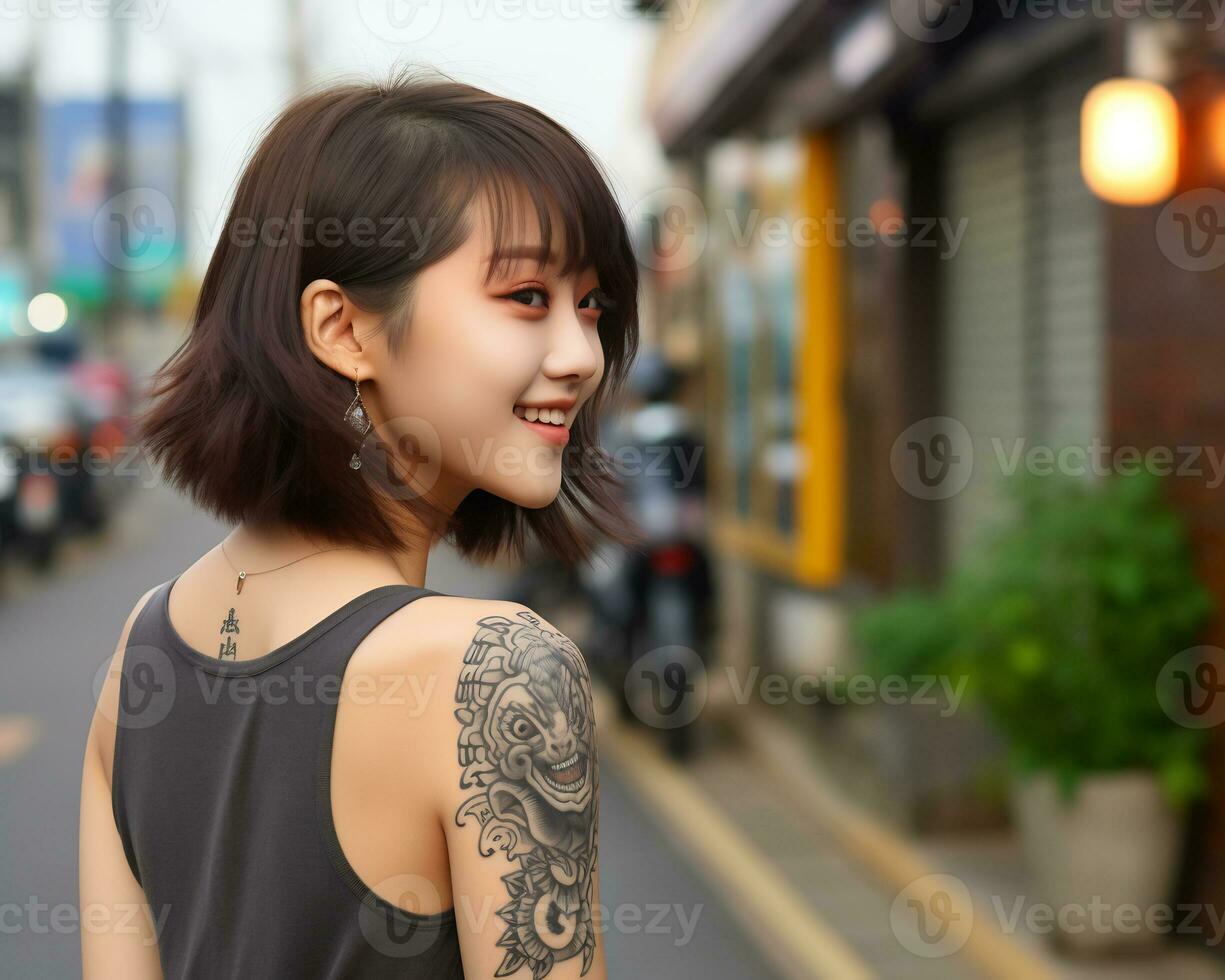 Cheerful korean girl with tattoo Smiling to camera AI Generative photo