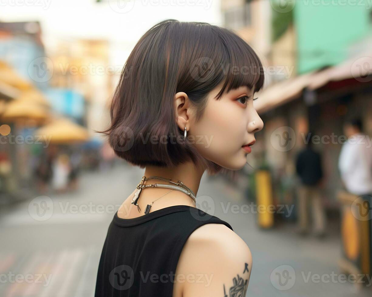 Cheerful korean girl with tattoo Smiling to camera AI Generative photo