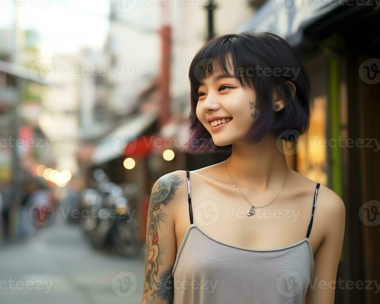 Cheerful korean girl with tattoo Smiling to camera AI Generative photo