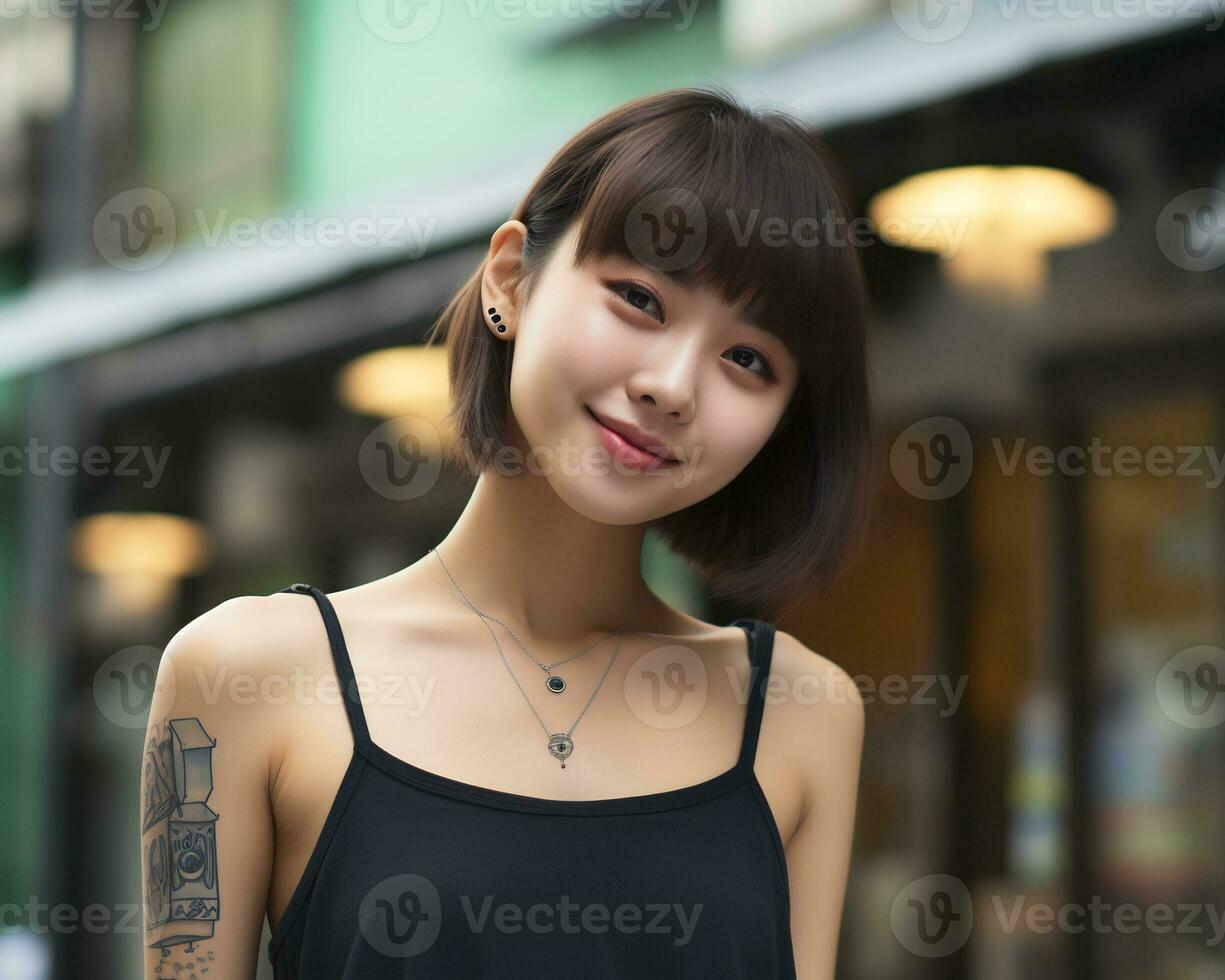 Cheerful korean girl with tattoo Smiling to camera AI Generative photo