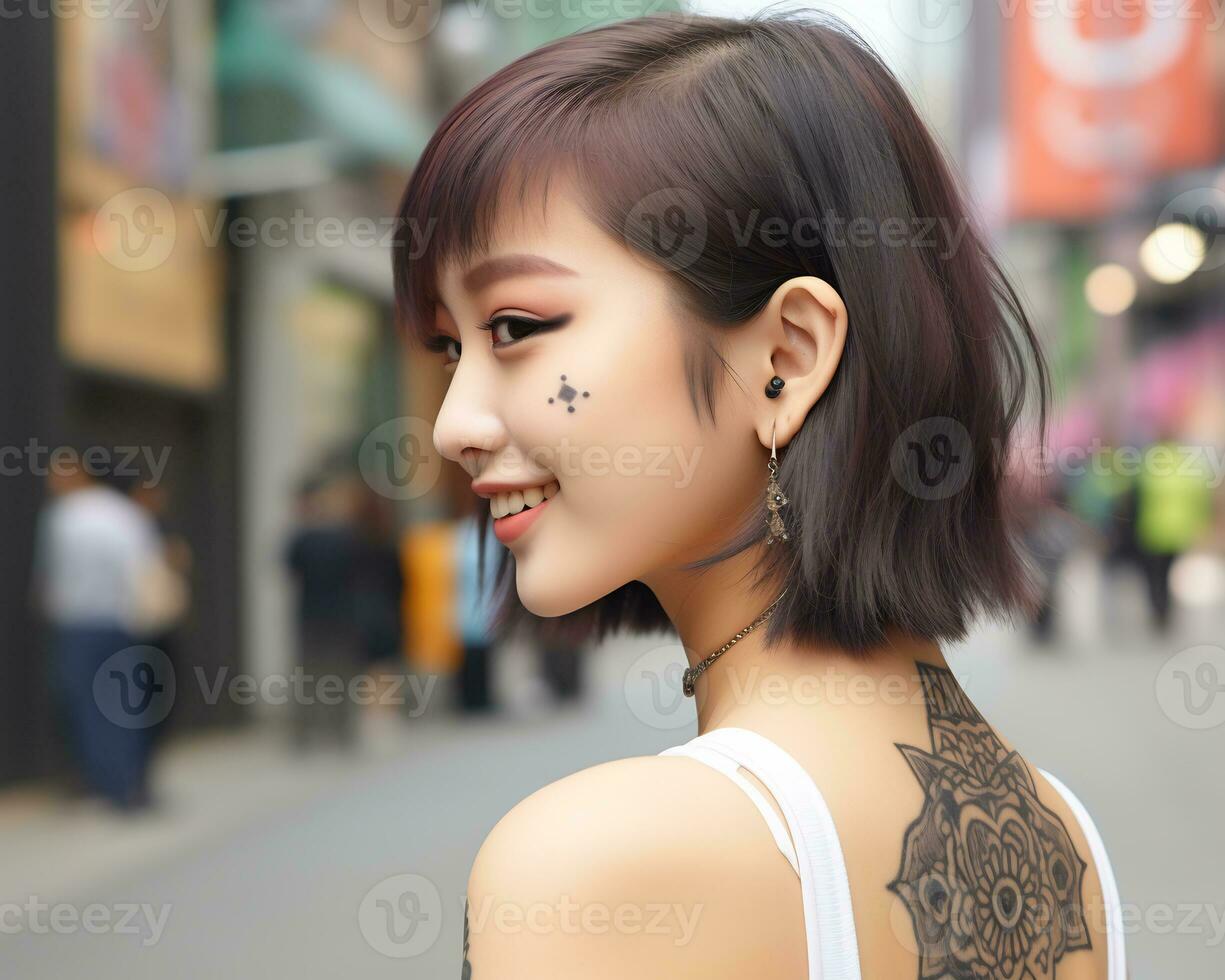 Cheerful korean girl with tattoo Smiling to camera AI Generative photo