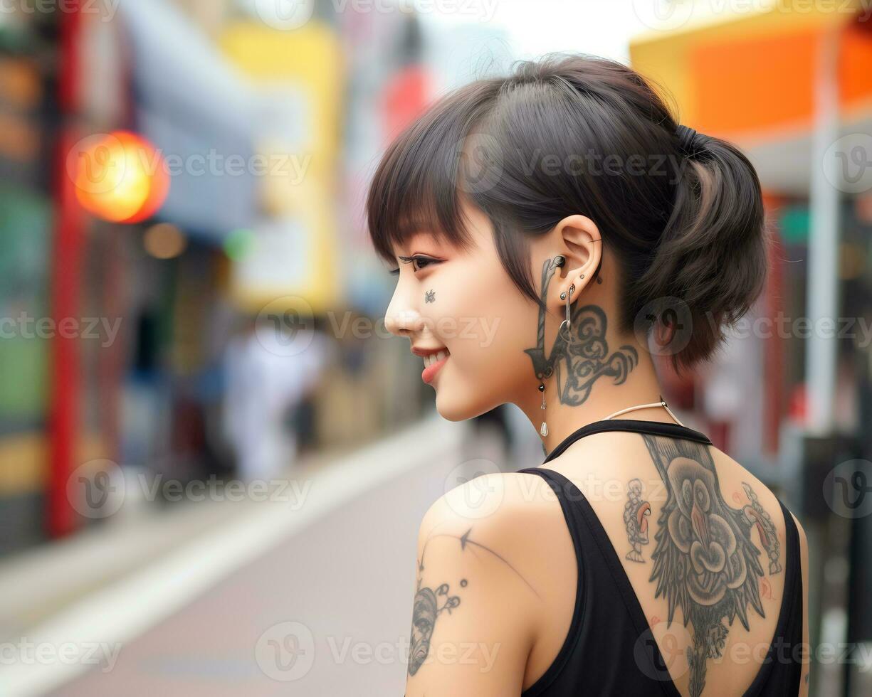 Cheerful korean girl with tattoo Smiling to camera AI Generative photo