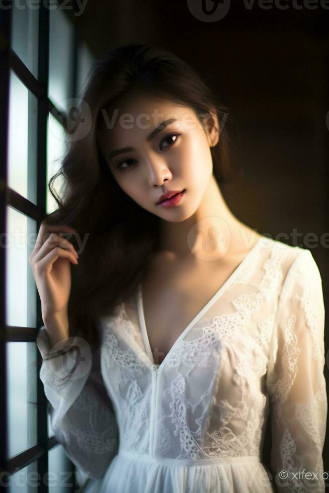 asian gril in lace dress Radiating natural beauty in the early morning AI Generative photo