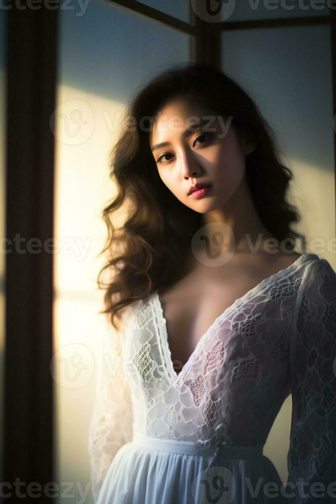 asian gril in lace dress Radiating natural beauty in the early morning AI Generative photo
