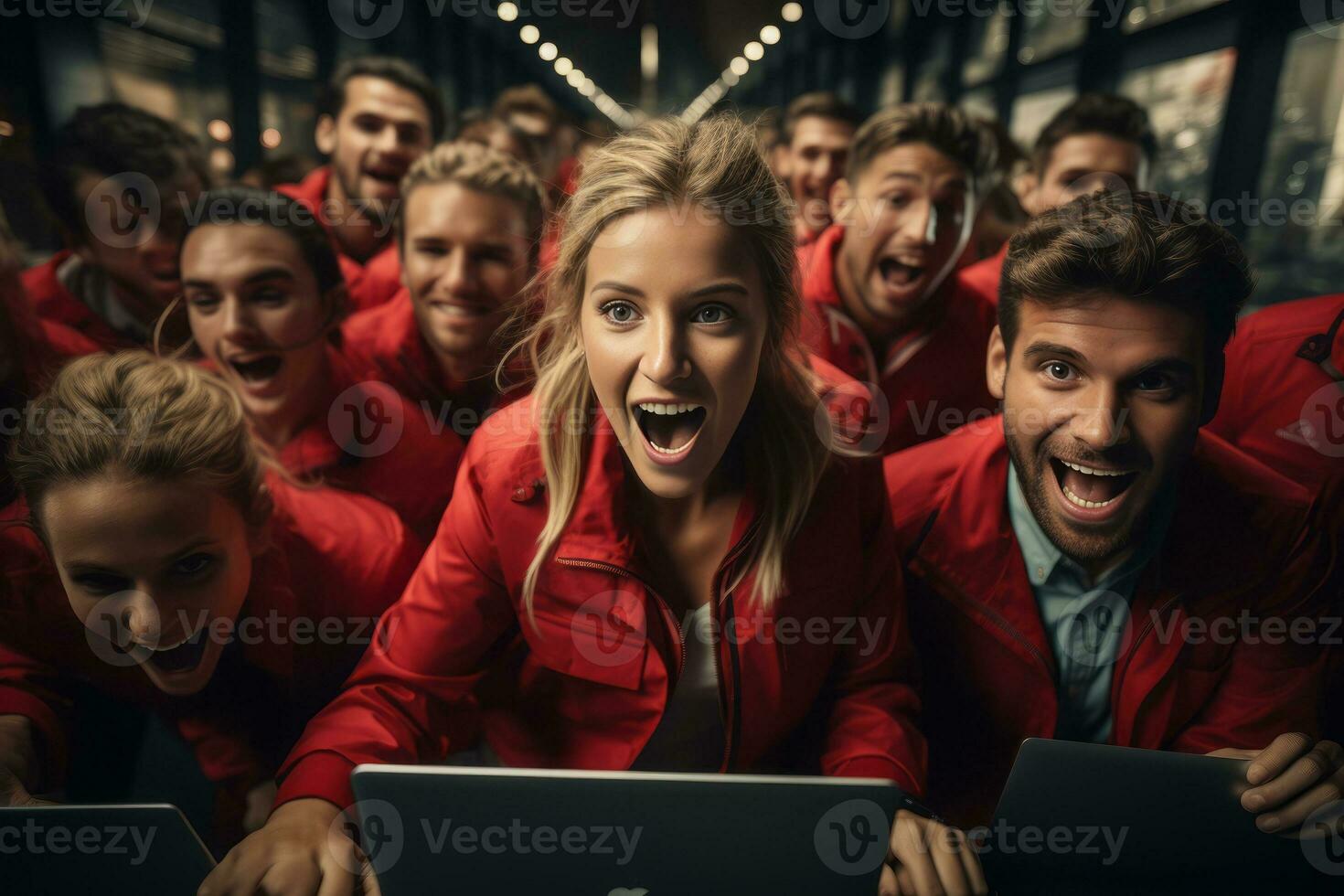 A group of people with shopping bags rushing to click the 'Checkout' button online, capturing the sense of urgency and excitement during Cyber Monday. Generative Ai photo
