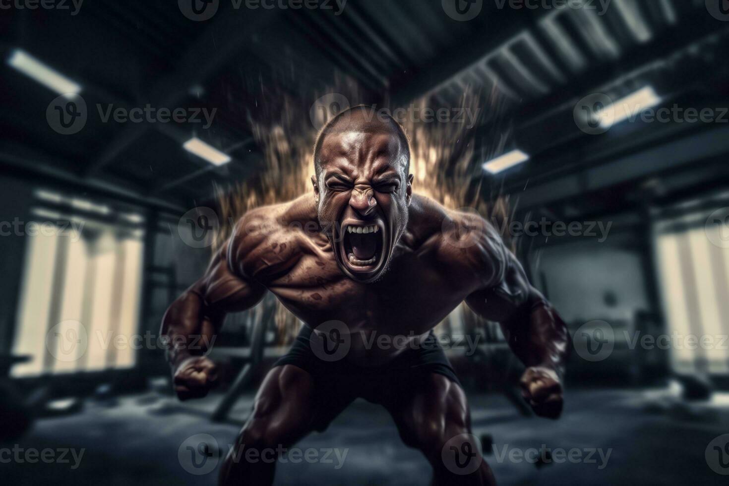 An energetic photo of a bodybuilder engaging in a high-intensity workout, capturing their raw power and determination. Generative Ai