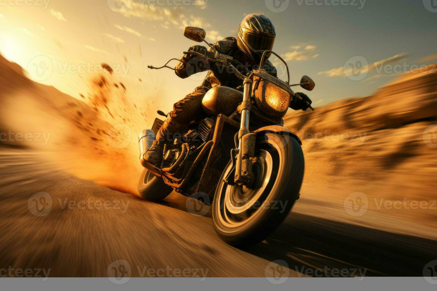 A motorcycle rider cruising on an open road, portraying the thrill of riding and the sense of freedom it brings. Generative AI photo