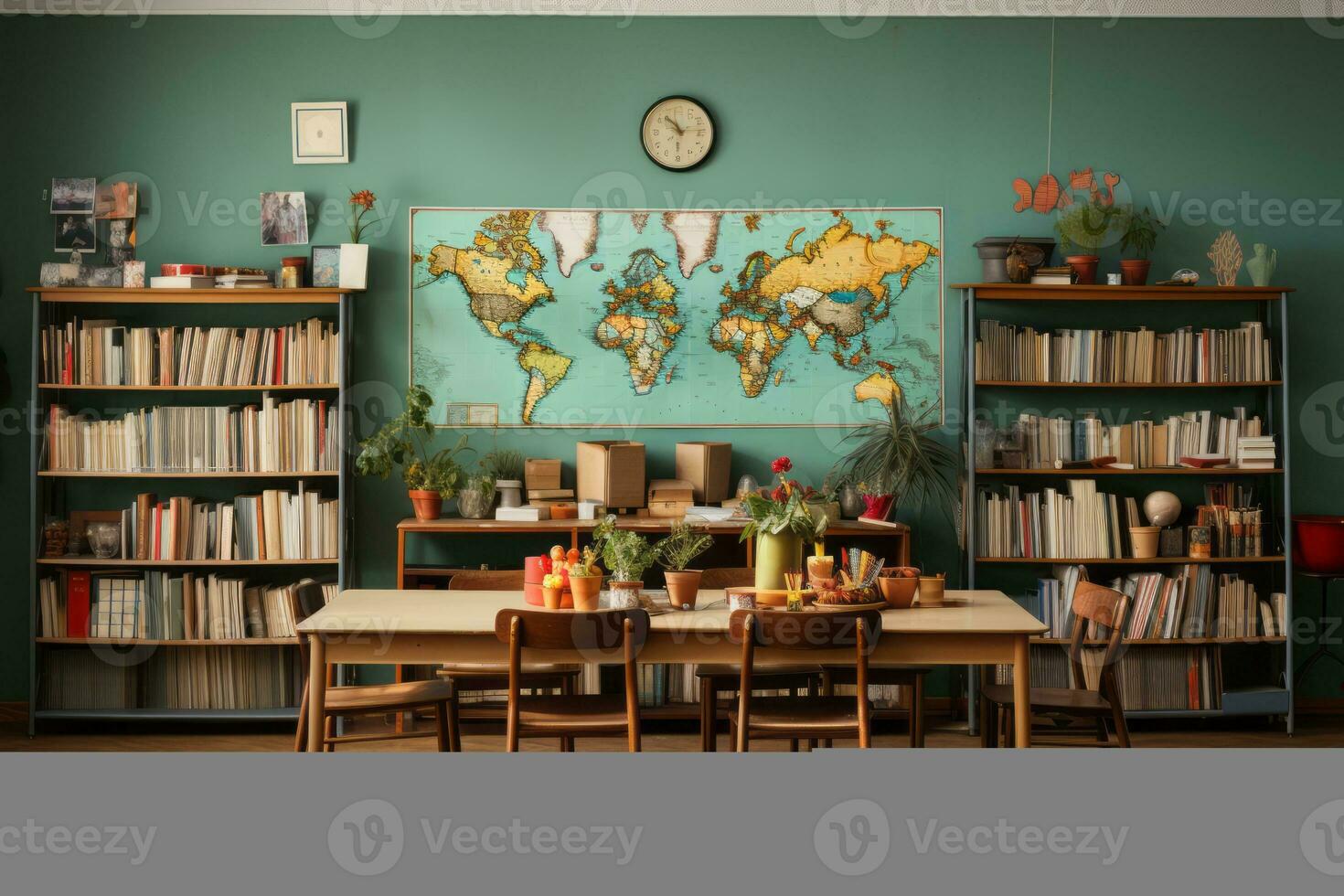 An unoccupied language classroom with maps, whiteboards, and foreign language books, evoking a sense of cultural exploration. Generative Ai photo