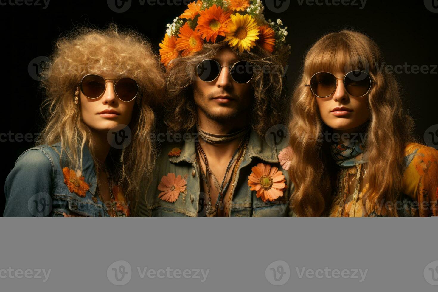 Portraits of people dressed in hippie fashion, with flower crowns, round sunglasses, and bell-bottom jeans, showcasing their unique style. Generative AI photo