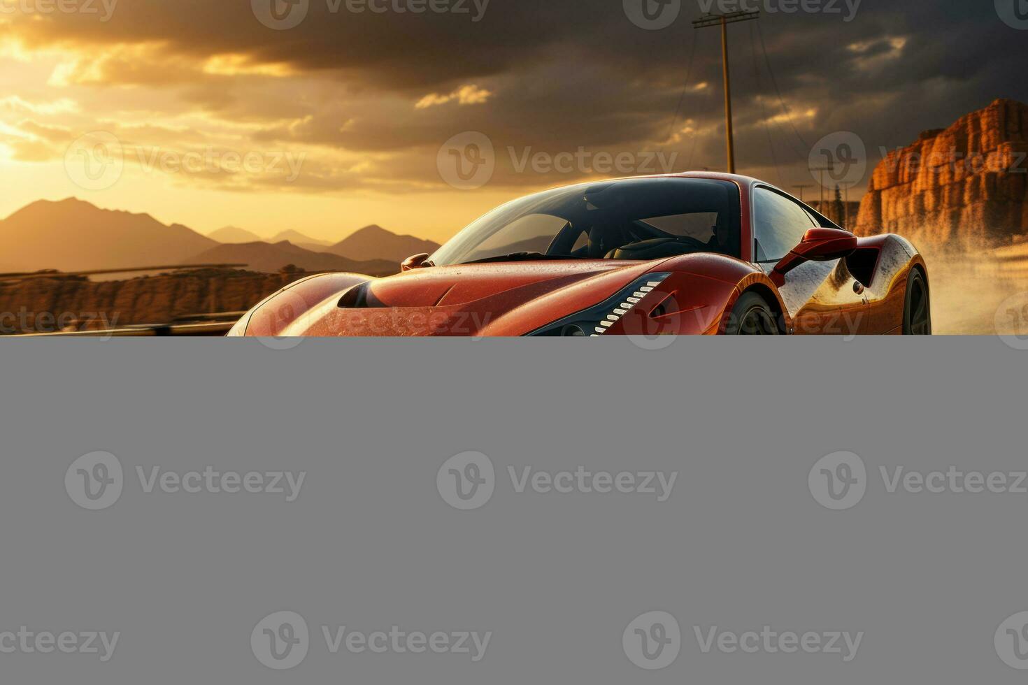A futuristic sleek sports car racing down an empty highway at sunset, showcasing the thrill of high-speed driving. Generative AI photo